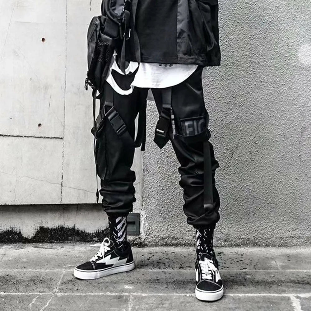 Men’s Hip Hop Pencil Pants with Patchwork Design – Mid Waist, Elastic Waistband, Cotton, Full-Length Casual Pants