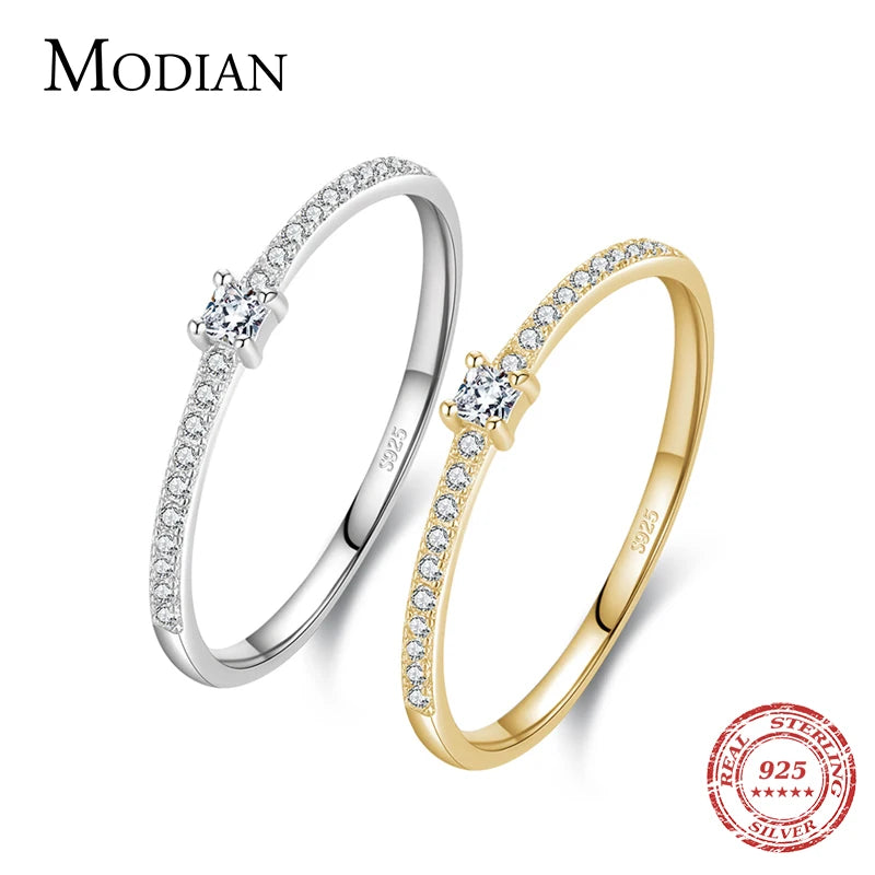 Anillo de plata de ley 925 chapado en oro con circonita cúbica cuadrada de Modian: elegante alianza de boda y compromiso para mujer