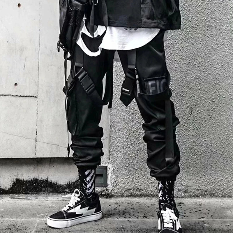 Men’s Hip Hop Pencil Pants with Patchwork Design – Mid Waist, Elastic Waistband, Cotton, Full-Length Casual Pants