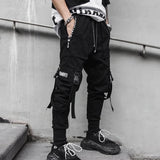 Men’s Hip Hop Pencil Pants with Patchwork Design – Mid Waist, Elastic Waistband, Cotton, Full-Length Casual Pants