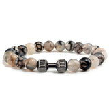 Pulsera de piedra volcánica natural para hombre, cuentas de lava negra mate y blanca, pulseras con abalorios con mancuernas, joyería de fitness con barra para mujer