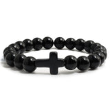 Natural Stone Cross Beaded Bracelet – Unisex Handmade Lava Rock Prayer Jewelry