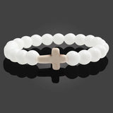 Natural Stone Cross Beaded Bracelet – Unisex Handmade Lava Rock Prayer Jewelry