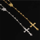 Collar de rosario con cuentas de hierro de imitación de oro de 6 mm: elegante collar con colgante de cruz y rosa ✝️✨