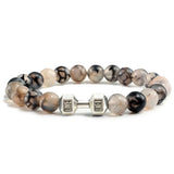 Pulsera de piedra volcánica natural para hombre, cuentas de lava negra mate y blanca, pulseras con abalorios con mancuernas, joyería de fitness con barra para mujer