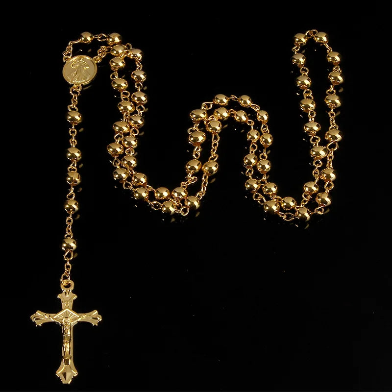 Collar de rosario con cuentas de hierro de imitación de oro de 6 mm: elegante collar con colgante de cruz y rosa ✝️✨