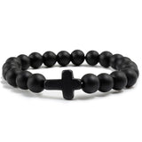 Natural Stone Cross Beaded Bracelet – Unisex Handmade Lava Rock Prayer Jewelry