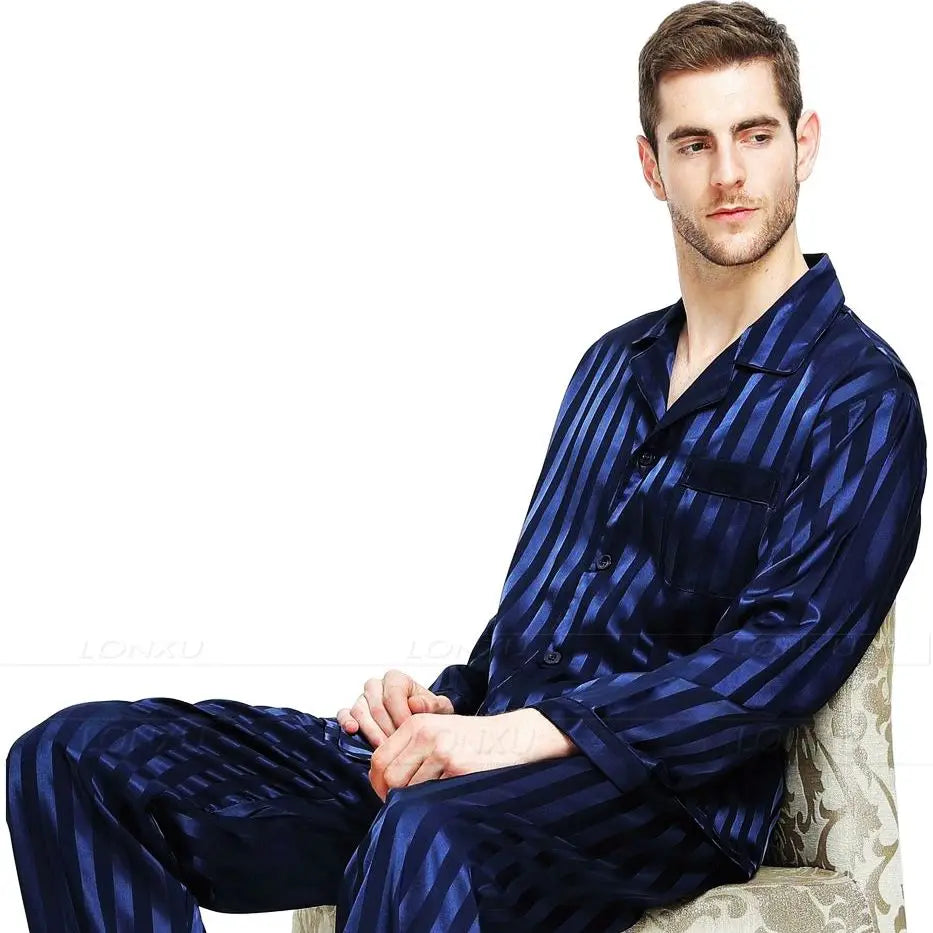 Men’s Striped Silk Pajama Set – Luxurious Lycra Sleepwear with Button-Up Design