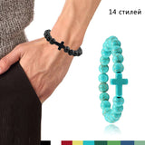 Natural Stone Cross Beaded Bracelet – Unisex Handmade Lava Rock Prayer Jewelry