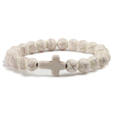 Natural Stone Cross Beaded Bracelet – Unisex Handmade Lava Rock Prayer Jewelry