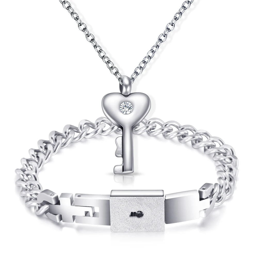 Stainless Steel Key Pendant Necklace & Bracelet Set for Men and Women – Trendy Wedding Jewelry Gift