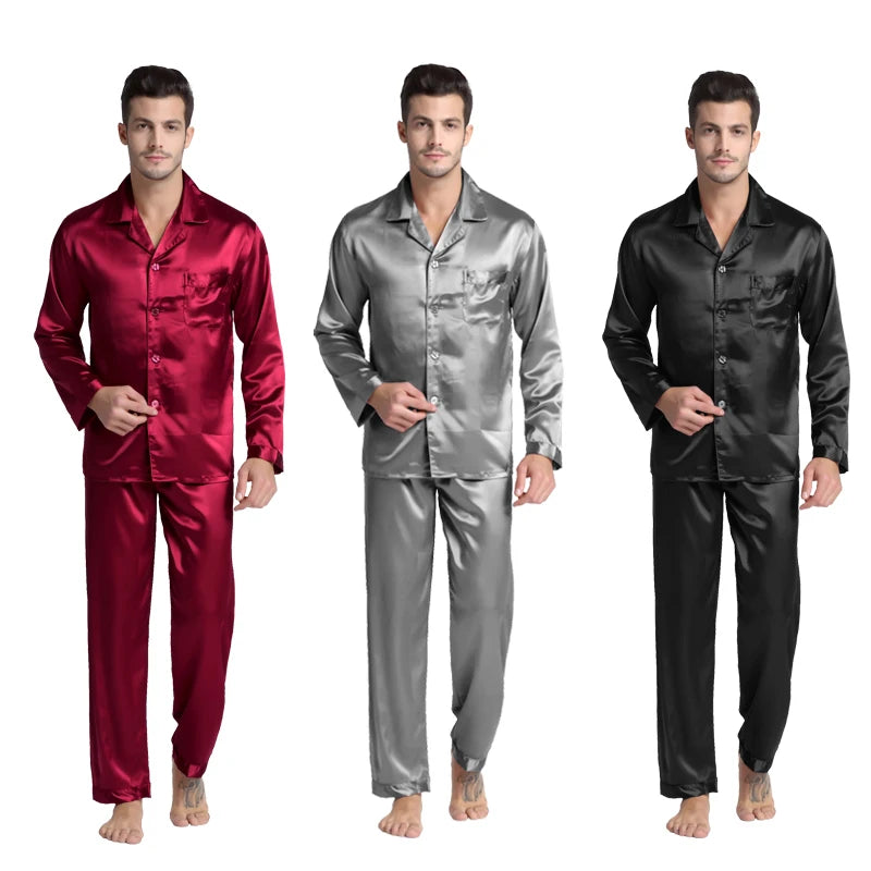 Men’s Silk Pajama Set – Full Sleeve Luxury Loungewear with Button Closure and Elastic Waist