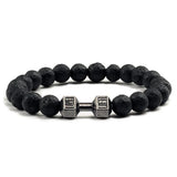 Pulsera de piedra volcánica natural para hombre, cuentas de lava negra mate y blanca, pulseras con abalorios con mancuernas, joyería de fitness con barra para mujer