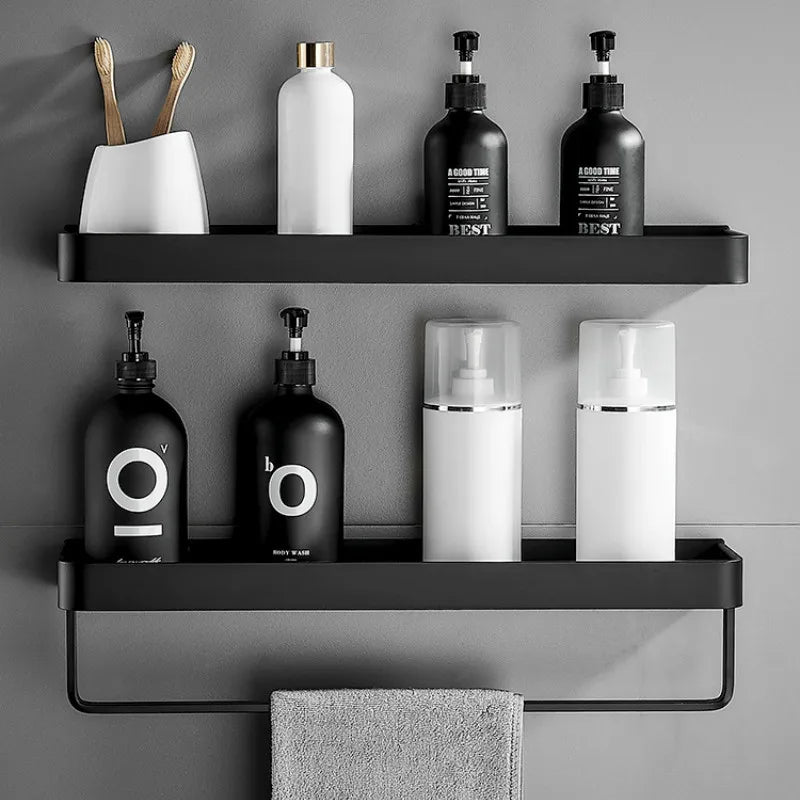 Estante de baño sin taladro, organizador de ducha, estante de almacenamiento, estantes de esquina negros, soporte de aluminio para champú de inodoro montado en la pared