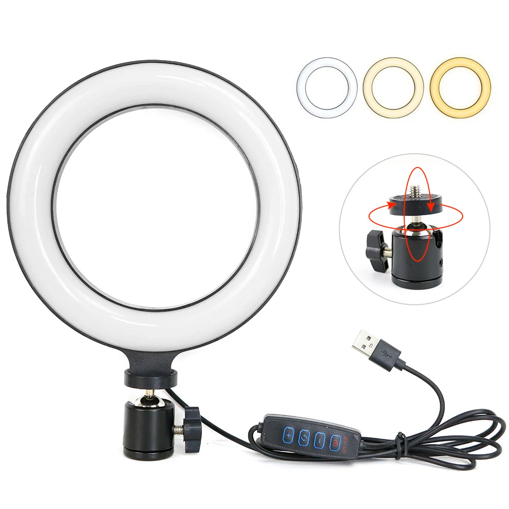 Anillo de luz USB de 6 pulgadas: LED regulable con trípode ajustable para fotografía, transmisión y maquillaje
