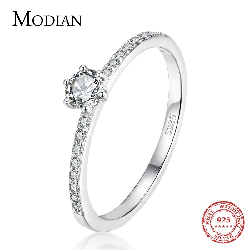 Anillo de dedo con circonita cúbica transparente y redondo de plata esterlina 925 de Modian: alianza de boda clásica para mujer, regalo de joyería fina