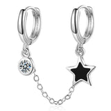 Silver Double Hoop Star Earrings with Zircon and Black Glaze Drop – Trendy Minimalist Style for Women