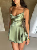 Satin Open Back Lace-Up Swing Dress - Elegant Sling Strap Mini Dress