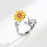 Sunflower Spinner Ring - Stainless Steel Initial Letter Anxiety Relief Jewelry for Women
