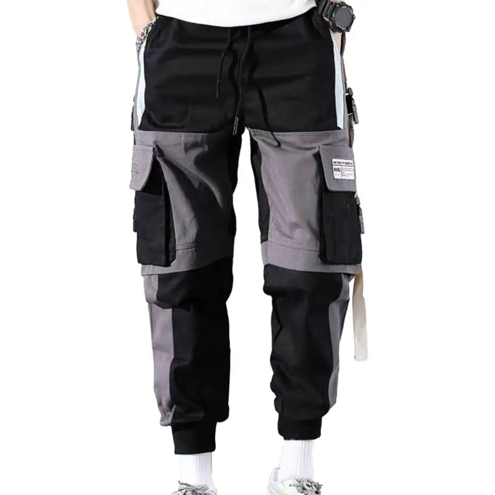 Men’s Multi-Pocket Cargo Pants – Color Block, Elastic Waist, Hip Hop Streetwear for Fall & Winter