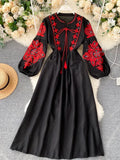 Bohemian Embroidered Floral Dress – Lantern Sleeve, High Waist, Mid-Calf Length