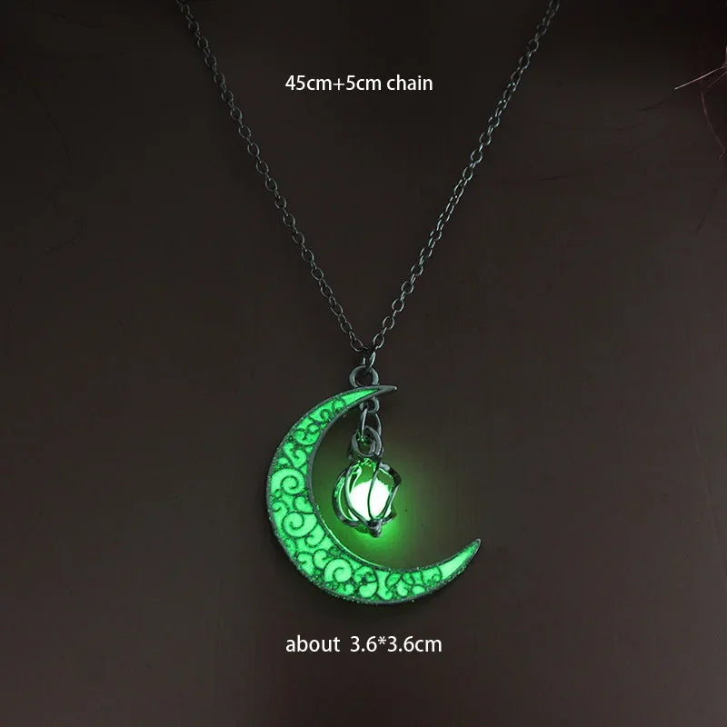 Glow in the Dark Moon & Star Planet Pendant Necklace – Luminous Celestial Charm