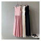 Women's Knit Maxi Vest Dress - Slim Fit Sleeveless Tank Dress in Pink & Black