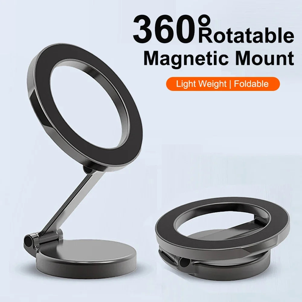 Magnetic Car Phone Holder for MagSafe – 360° Adjustable Alloy Folding Car Mount for iPhone 15 14 13 12