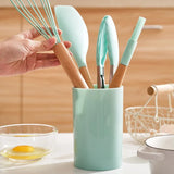 Juego de utensilios de cocina de silicona de 12 piezas: herramientas de cocina antiadherentes y resistentes al calor con mangos de madera