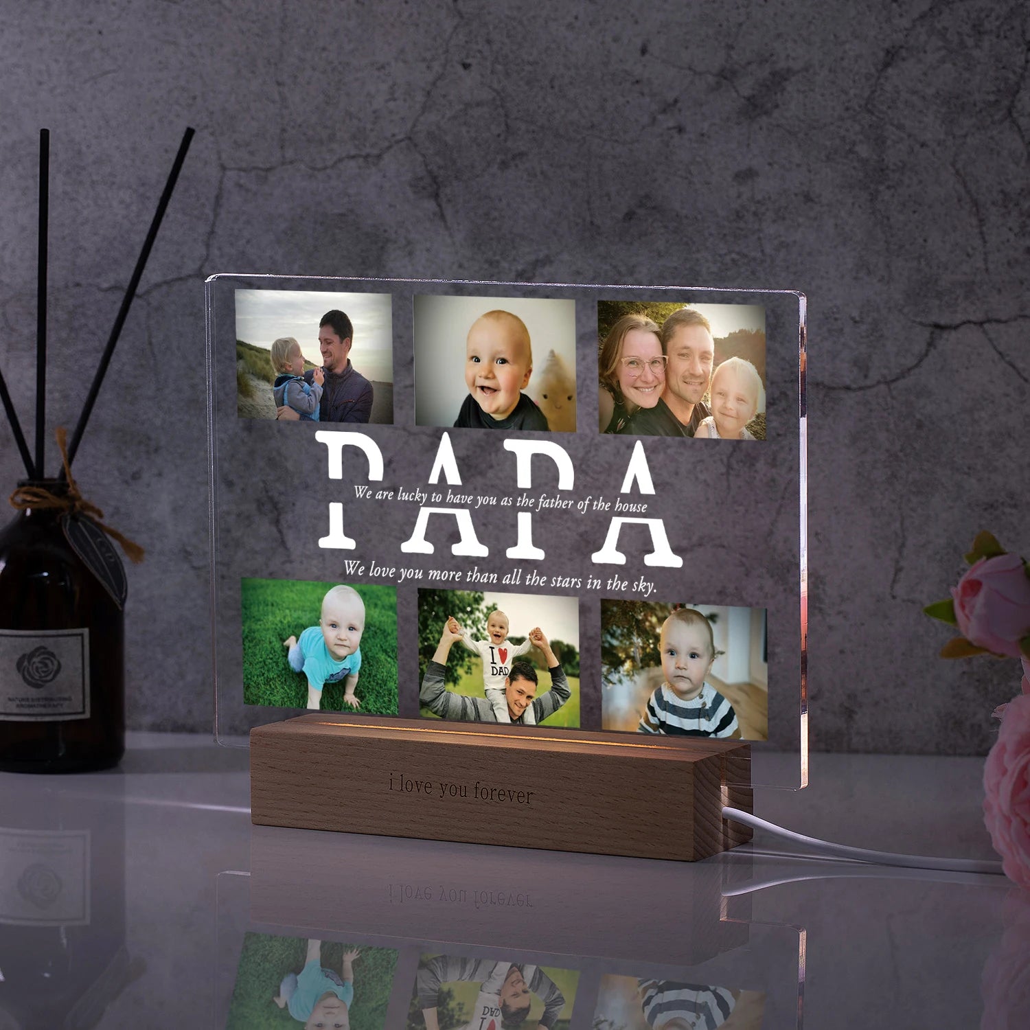 Custom Photo LED Night Light with Text – Personalized Acrylic & Wood USB Lamp