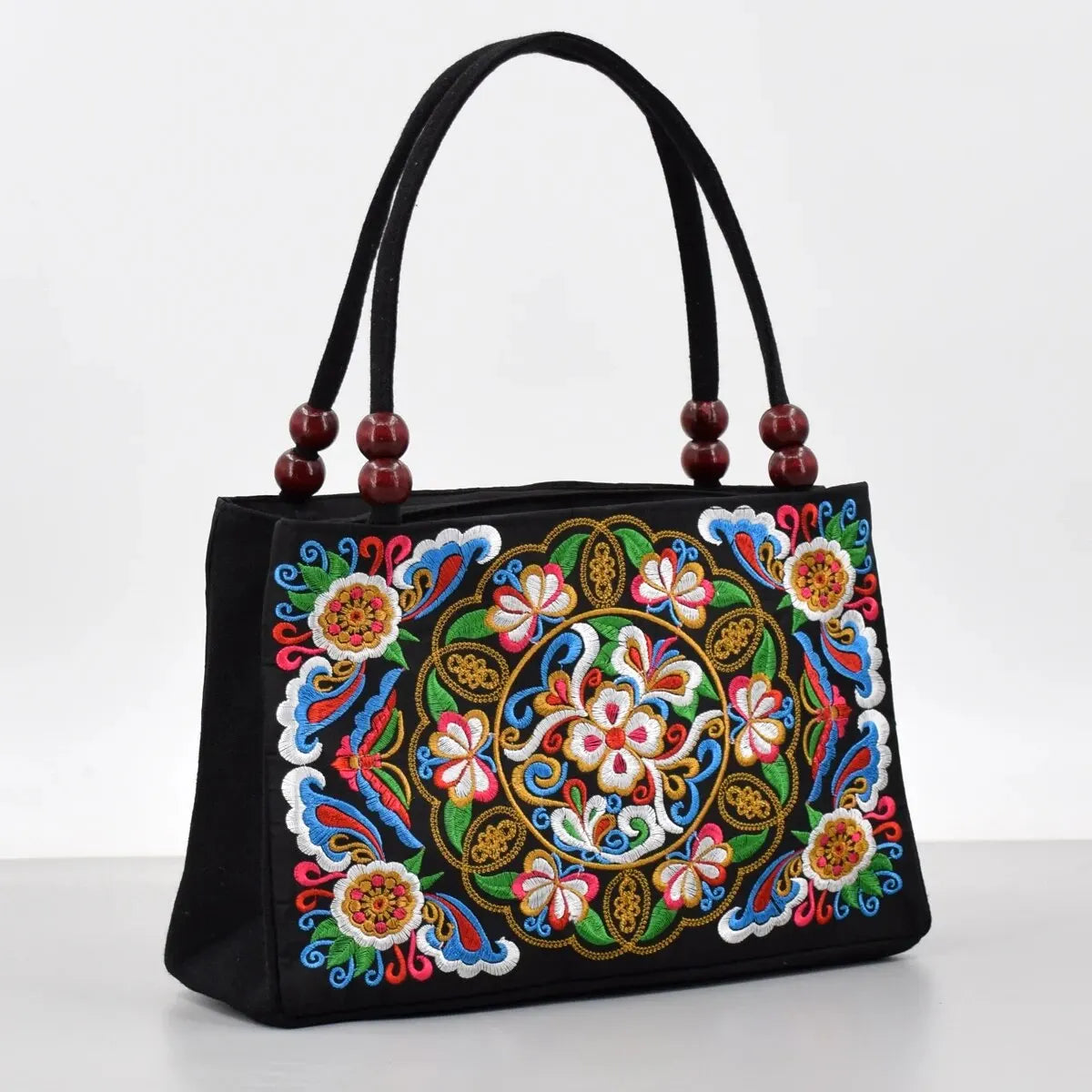 Floral Embroidered Canvas Handbag – Stylish Zipper Tote for Women