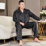 Men’s Luxury Plaid Pajama Set - Full Sleeve, Elastic Waist, Cool Ice Silk Satin Sleepwear for Spring & Summer