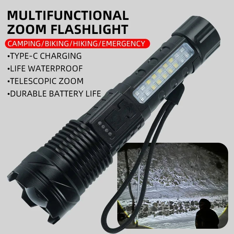 30W Rechargeable COB LED Flashlight – Ultra-Bright Portable Light with Power Display