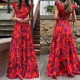 Women's Floral Print Maxi Dress with Lace-Up Detail – Boho Summer Floor-Length Dress