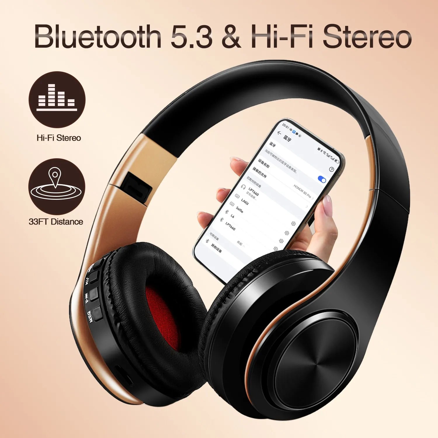 Luxury Gold Bluetooth Headphones with 20H Playtime & HiFi Sound - Wireless/Wired