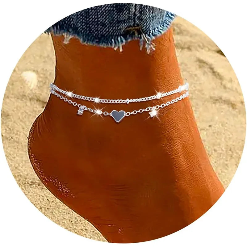 Tobillera elegante con forma de corazón: joyería ajustable de plata y cristal para pies para mujer
