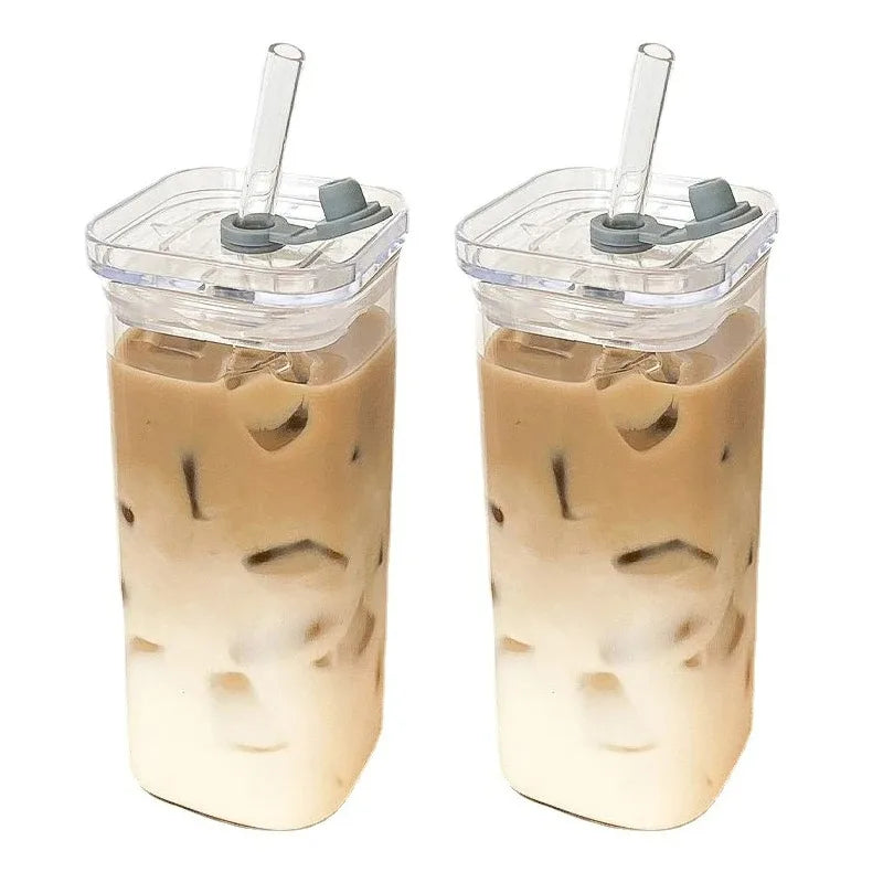 Vaso cuadrado de vidrio resistente al calor | Taza transparente para café y jugo con tapa y pajita