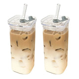 Vaso cuadrado de vidrio resistente al calor | Taza transparente para café y jugo con tapa y pajita
