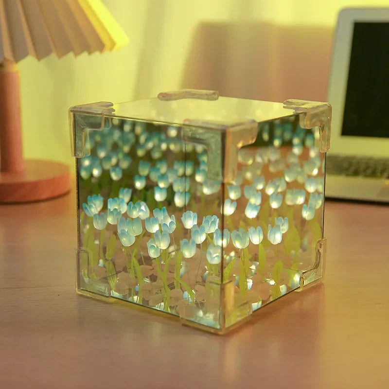 3D Cloud Tulip LED Night Light with Mirror Table Lamp for Bedroom Decor