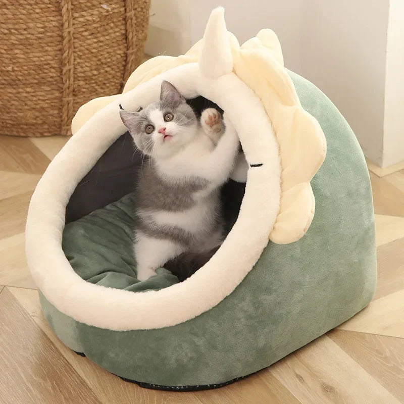 Cotton Pet Lounger Cushion - Warm Cat Bed with Removable Mat & Pompom Decor