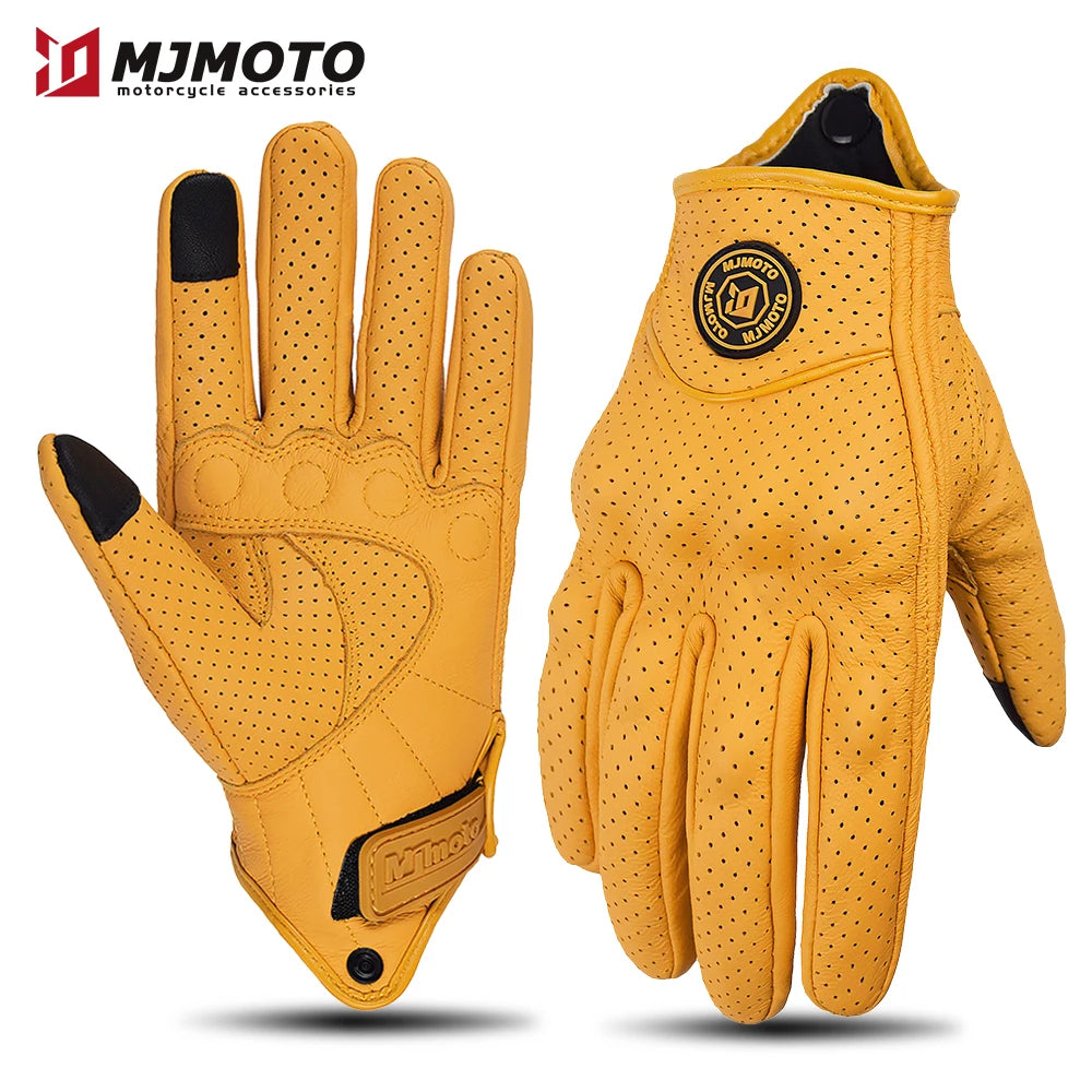 Retro Perforated Leather Motorcycle Gloves - Touchscreen & Knuckle Protection