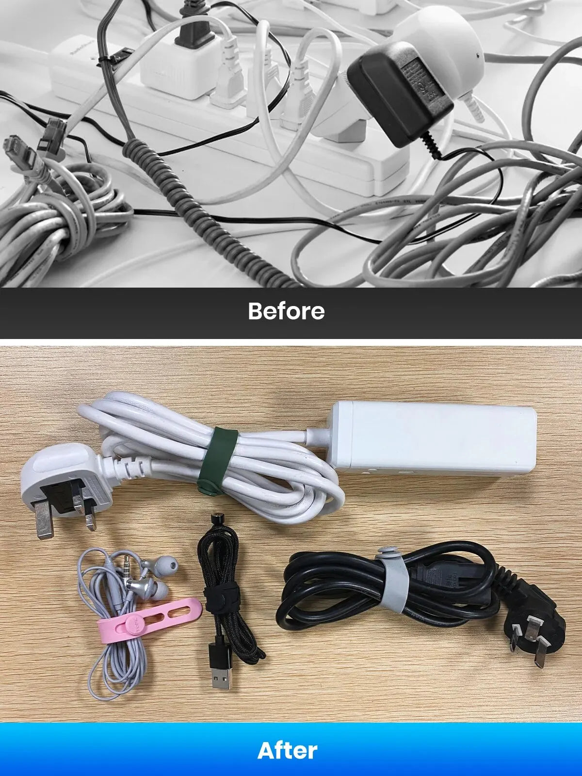 Silicone cable ties – before and after, tall crop