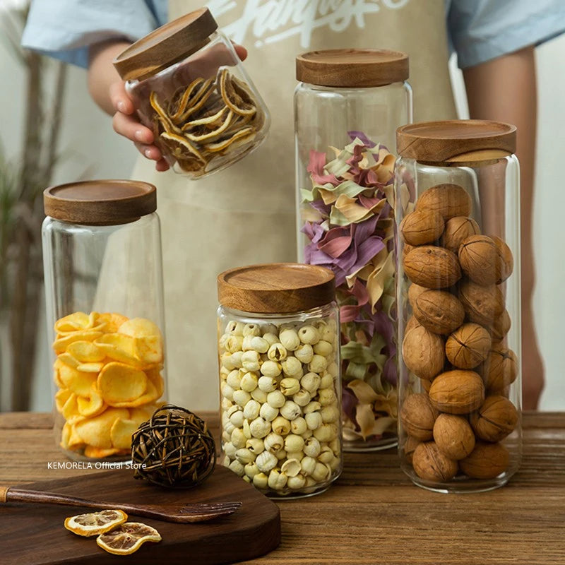 Recipiente hermético de vidrio con tapa de madera: recipiente para almacenar granos, té, café y dulces