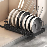 Organizador deslizante para tapas de ollas y sartenes: estante de almacenamiento ajustable para gabinetes de cocina con 8 divisores