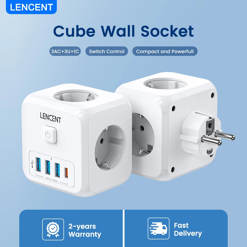 Regleta de enchufes LENCENT con 3 tomas de CA, 3 puertos de carga USB y 1 adaptador tipo C de 5 V y 2,4 A, interruptor de encendido y apagado 7 en 1