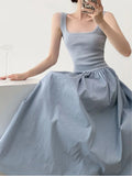 Women's Knit Spaghetti Strap Dress - Sexy Square Neck Patchwork Midi Dress