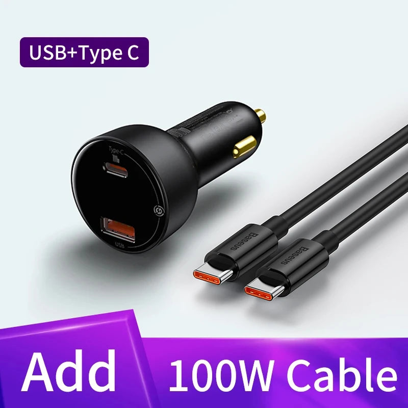 100W Fast Charging Car Charger – Dual USB & Type-C Ports for Phones & Laptops