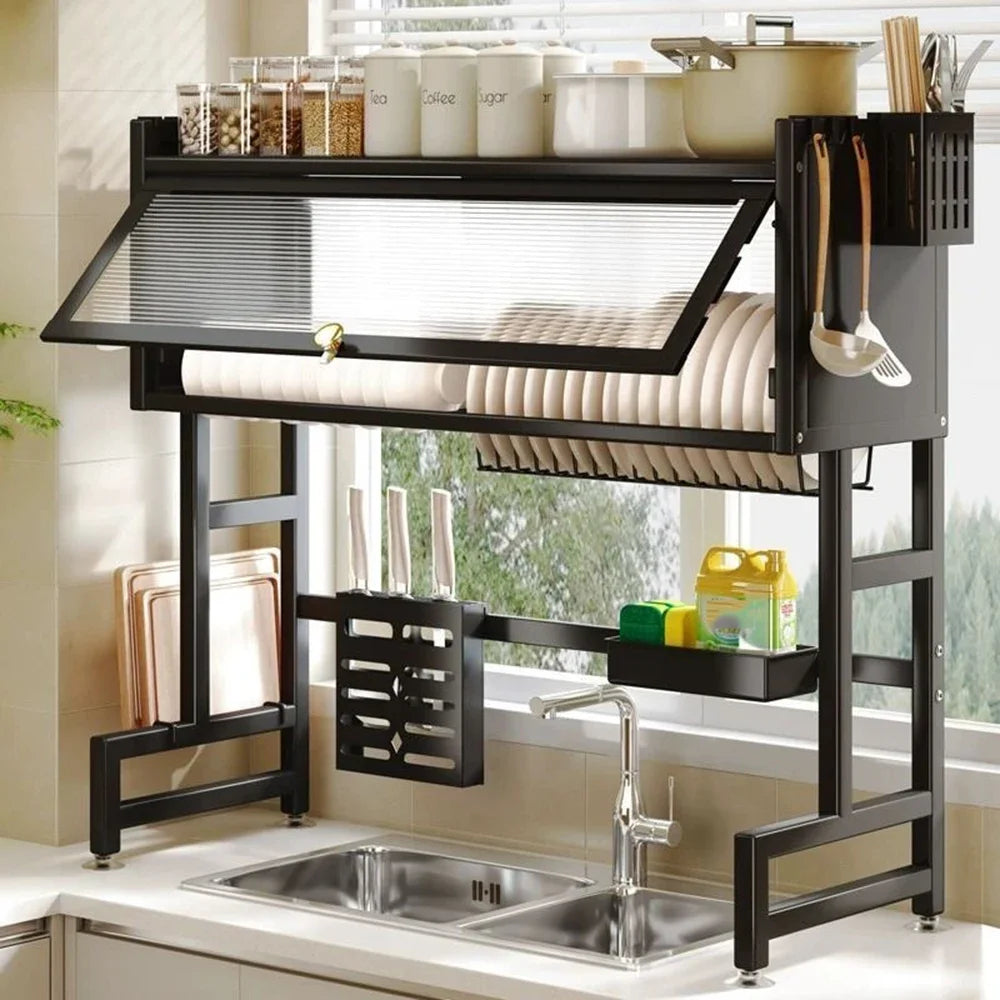 Escurridor de platos para colocar sobre el fregadero: organizador de drenaje y almacenamiento de acero inoxidable para la cocina