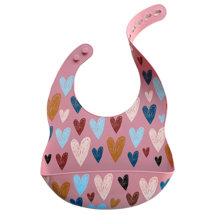 Fashionable Cartoon Printed Waterproof Silicone Baby Bib – Adjustable, Soft & Durable Feeding Bib for Infants and Toddlers