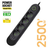 EU Plug Power Strip – 3 USB Ports, 2500W Capacity with Extension Cord
